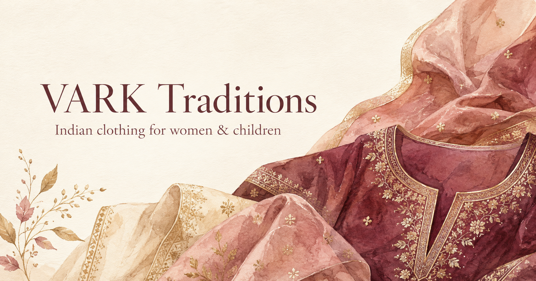 VARK Traditions: Indian clothing for women and children, illustrated with burgundy, rose and gold embroidered fabrics